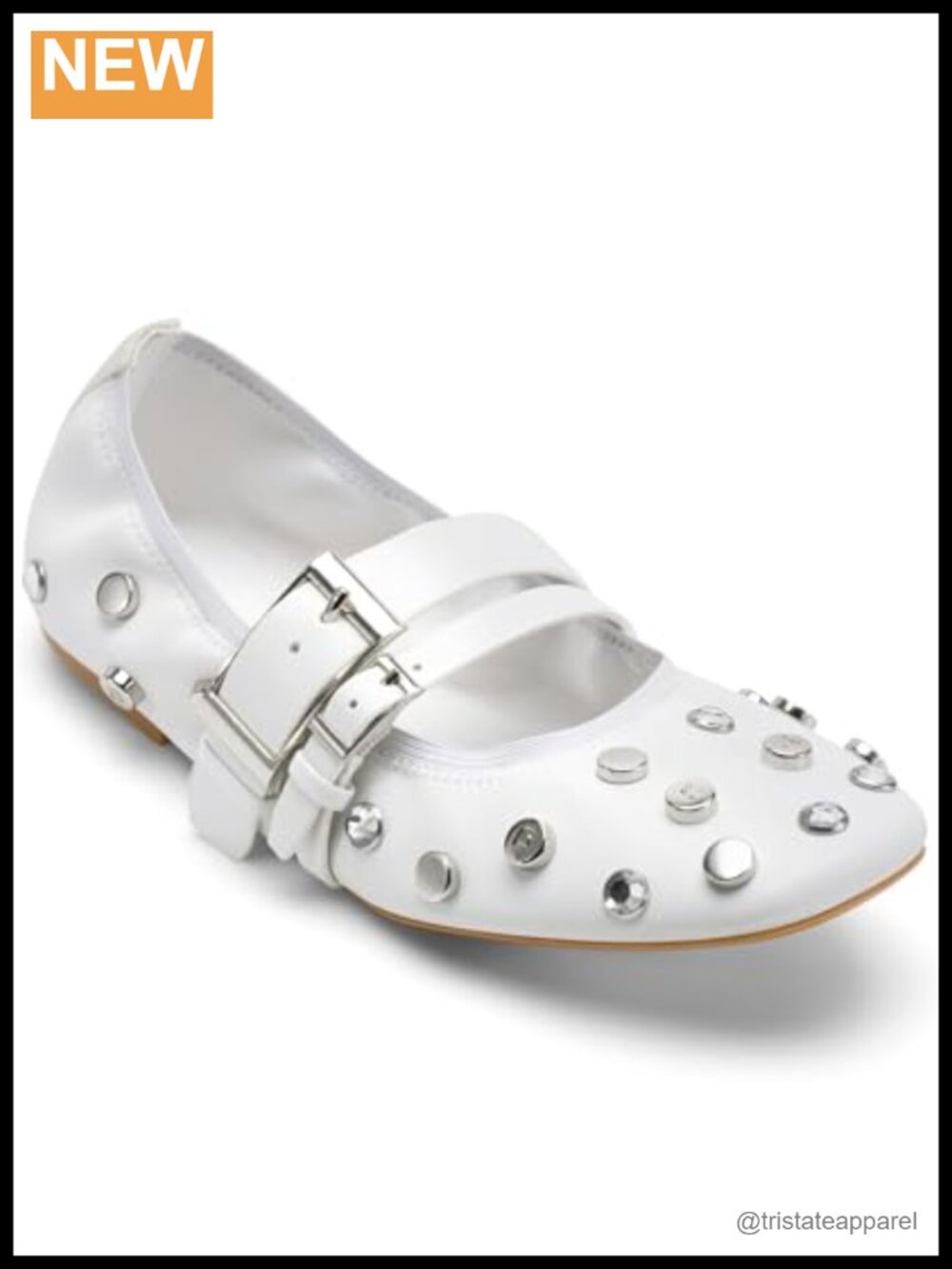Studded Ballet Flat with Belt Detail Cushioned Insole Leather